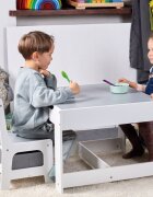 Suporto Set masuta cu 2 scaune pentru copii Alb Gri 3-6 ani cu rafturi pentru carti sertare depozitare organizator jucarii tabla de scris desenat studiat din MDF