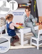 Suporto Set masuta cu 2 scaune pentru copii Alb Gri 3-6 ani cu rafturi pentru carti sertare depozitare organizator jucarii tabla de scris desenat studiat din MDF