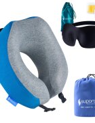 Suporto Set perna de calatorie albastra Travel Companion din spuma cu memorie si masca de dormit 3D cu saculet verde smarald