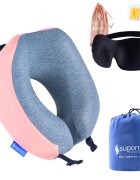 Suporto Set perna de calatorie roz Travel Companion din spuma cu memorie si masca de dormit 3D cu saculet roz peach