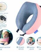 Suporto Set perna de calatorie roz Travel Companion din spuma cu memorie si masca de dormit 3D cu saculet roz peach