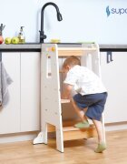 Suporto Turn de invatare tip Learning tower pentru copii AlbMaro rol de inaltator cu treapta de urcare reglabila antiderapanta si balustrade de protectie