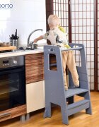 Suporto Turn de invatare tip Learning tower pentru copii Gri rol de inaltator cu treapta de urcare reglabila antiderapanta si balustrade de protectie