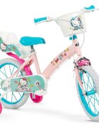 TOIMSA Bicicleta fetite Hello Kitty 16 inch cu roti ajutatoare si cosulet de la 5 ani inaltimea recomandata 110-120 cm cos frontal si scaun pentru papusa frana de mana pe ambele roti