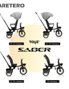 Toyz by Caretero Tricicleta pentru copii Toyz Saber Grey pliabila multifunctionala cu spatar reglabil si pozitie de somn copertina si maner parinte cu inaltime reglabila pana la 25 kg