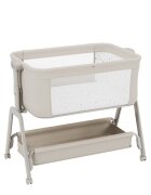 Tulano Patut Co-sleeper 3-in-1 50 Dream Beige pliabil inaltime reglabila functie anti-reflux saltea si plasa insecte incluse roti cu blocare fixare pat parinti cu centuri de ancorare material textil premium