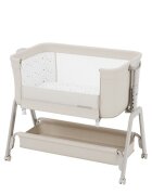 Tulano Patut Co-sleeper 3-in-1 50 Dream Beige pliabil inaltime reglabila functie anti-reflux saltea si plasa insecte incluse roti cu blocare fixare pat parinti cu centuri de ancorare material textil premium