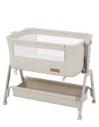 Tulano Patut Co-sleeper 3-in-1 50 Dream Beige pliabil inaltime reglabila functie anti-reflux saltea si plasa insecte incluse roti cu blocare fixare pat parinti cu centuri de ancorare material textil premium