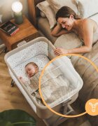 Tulano Patut Co-sleeper 3-in-1 50 Dream Beige pliabil inaltime reglabila functie anti-reflux saltea si plasa insecte incluse roti cu blocare fixare pat parinti cu centuri de ancorare material textil premium
