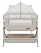 Tulano Patut Co-sleeper 3-in-1 50 Dream Beige pliabil inaltime reglabila functie anti-reflux saltea si plasa insecte incluse roti cu blocare fixare pat parinti cu centuri de ancorare material textil premium