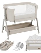 Tulano Patut Co-sleeper 3-in-1 50 Dream Beige pliabil inaltime reglabila functie anti-reflux saltea si plasa insecte incluse roti cu blocare fixare pat parinti cu centuri de ancorare material textil premium