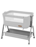 Tulano Patut Co-sleeper 3-in-1 50 Dream Light Grey pliabil inaltime reglabila functie anti-reflux saltea si plasa insecte incluse roti cu blocare fixare pat parinti cu centuri de ancorare material textil premium