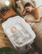 Tulano Patut Co-sleeper 3-in-1 50 Dream Light Grey pliabil inaltime reglabila functie anti-reflux saltea si plasa insecte incluse roti cu blocare fixare pat parinti cu centuri de ancorare material textil premium