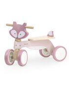 Viga Ride-On pentru copii din lemn PolarB Vulpe roz roti din cauciuc Eva recomandat copiilor de la 12 luni actionat cu picioarele