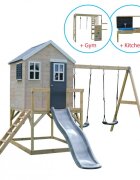 Wendi Toys Casuta de gradina grey Lodge cu tobogan leagan dublu modul sport si bucatarie