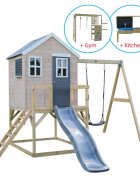 Wendi Toys Casuta de gradina grey Lodge cu tobogan leagan modul sport si bucatarie
