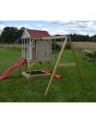 Wendi Toys Casuta de gradina Nordic Adventure House cu platforma cu loc pentru nisip tobogan si leagan dublu (M30R)