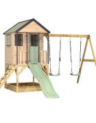 Wendi Toys Casuta de gradina pastel Green Adventure Cottage cu platforma tobogan si leagan dublu