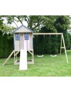 Wendi Toys Casuta de gradina Pastel Pink Adventure Cottage cu platforma tobogan si leagan dublu