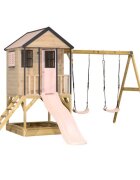 Wendi Toys Casuta de gradina Pastel Pink Adventure Cottage cu platforma tobogan si leagan dublu
