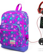 Coral High Ghiozdan cu 4 compartimente cu USB mov cu inimioare