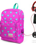 Coral High Ghiozdan cu 4 compartimente cu USB roz cu inimioare