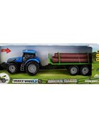 Maxx Wheels Tractor albastru cu remorca cu lemne cu lumini si sunete 44 cm