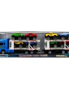 Maxx Wheels Transportator albastru cu 2 niveluri si 8 masinute Jeep 1:32 58 cm