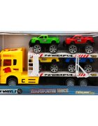 Maxx Wheels Transportator galben cu 2 niveluri si 4 masini Jeep 1:32 32 cm