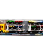 Maxx Wheels Transportator galben cu 2 niveluri si 8 masinute Jeep 1:32 58 cm