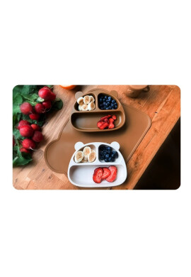 Kidnort Farfurie din silicon cu 3 compartimente si ventuze Retter Brun - BKid.ro