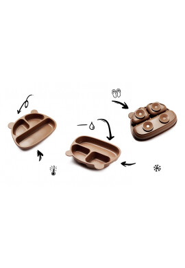 Kidnort Farfurie din silicon cu 3 compartimente si ventuze Retter Brun - BKid.ro