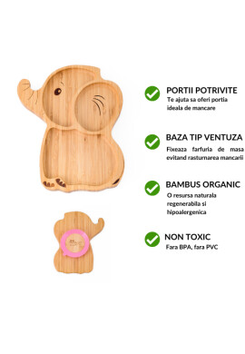 Oaki Farfurie elefant din bambus organic cu baza tip ventuza roz - BKid.ro