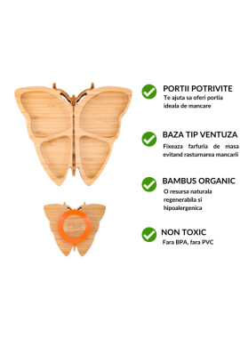 Oaki Farfurie fluturas din bambus organic cu baza tip ventuza roz - BKid.ro