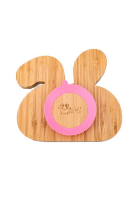 Oaki Farfurie iepuras din bambus organic cu baza tip ventuza roz - BKid.ro