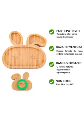 Oaki Farfurie iepuras din bambus organic cu baza tip ventuza verde - BKid.ro