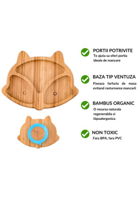 Oaki Farfurie vulpita din bambus organic cu baza tip ventuza Portocaliu - BKid.ro