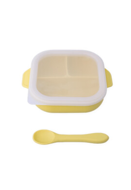 Oaki Set castron farfurie cu ventuza lingurita si capac galben pal - BKid.ro