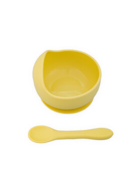 Oaki Set castron farfurie cu ventuza lingurita si capac galben pal - BKid.ro