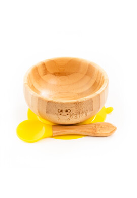 Oaki Set castron si farfurie cu lingurita pentru diversificare din bambus Elefant Galben - BKid.ro