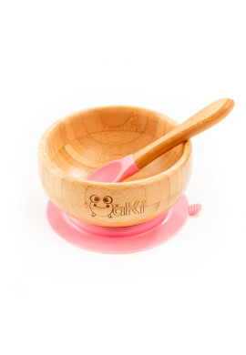 Oaki Set castron si farfurie cu lingurita pentru diversificare din bambus Elefant Roz - BKid.ro