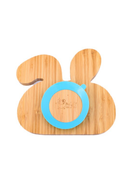Oaki Set castron si farfurie iepuras din bambus cu lingurita pentru copii albastru - BKid.ro