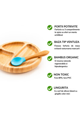 Oaki Set diversificare copii farfurie si lingurita din bambus albastru - BKid.ro