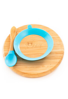 Oaki Set diversificare copii farfurie si lingurita din bambus albastru - BKid.ro