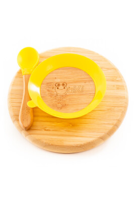 Oaki Set diversificare copii farfurie si lingurita din bambus galben - BKid.ro