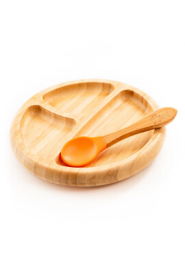 Oaki Set diversificare copii farfurie si lingurita din bambus portocaliu - BKid.ro