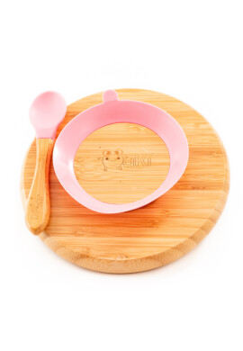 Oaki Set diversificare copii farfurie si lingurita din bambus roz - BKid.ro