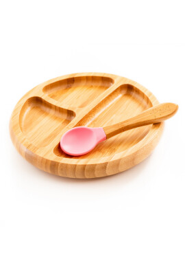 Oaki Set diversificare copii farfurie si lingurita din bambus roz - BKid.ro