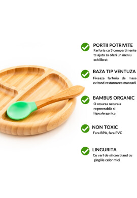 Oaki Set diversificare copii farfurie si lingurita din bambus verde - BKid.ro