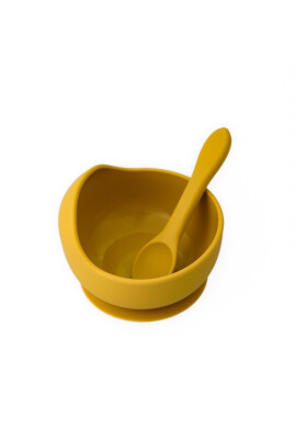 Oaki Set diversificare pentru copii castron cu ventuza si lingurita din silicon galben - BKid.ro